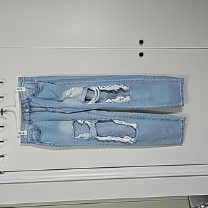 High Waist Ripped Straight Leg Jeans L